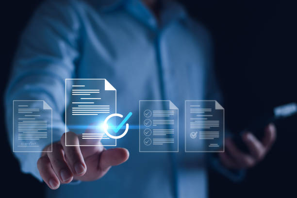 istock Manager is verifying the validity, security, approving requests, quality assurance, investment contracts. Online digital document work, paperless office. online survey. Checking mark up on check boxes 2199091154