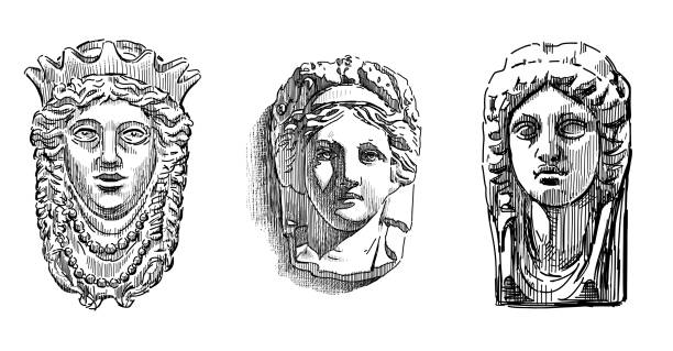 Sketches of three different stone female masks, ancient artistic architectural details, sculpture faces, three female heads, vector hand drawn illustration isolated on white