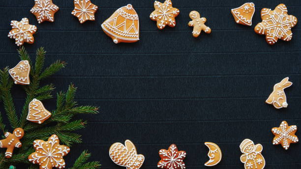 istock Christmas Gingerbread Cookies Festive Arrangement Top View Black Background 2199091796