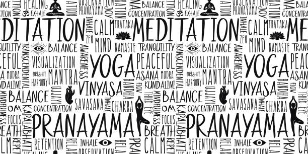 Meditation Yoga Tagcloud Seamless Pattern Hi-contrast, monochrome tag-cloud seamless vector of yoga practicing theme. Featuring words like Meditation, Pranayama, Balance, Mantra, also silhouettes of lotus, Om, Asana. Isolated on white. yoga font and yoga poses stock illustrations