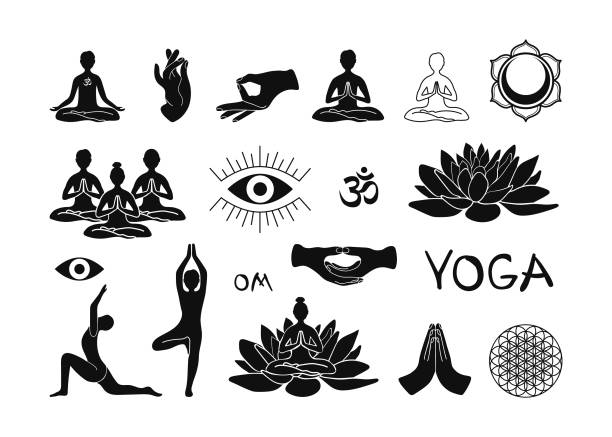 Yoga Symbolic Attributes Monochrome Set Hi-Contrast vector collection of monochromatic hand drawn symbols, related to yoga practicing thematic. From Lotus to Mandala, incl. Om, Seed of Life, Mudras. All isolated on plain background. om logo clip art stock illustrations