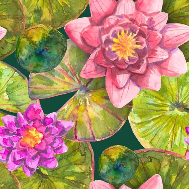 istock Water lilies. Pink lotuses. Watercolor hand drawn Seamless pattern. 2199101137