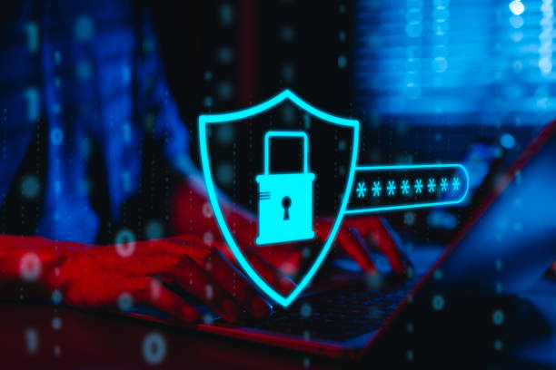 Cybersecurity concept. Hand typing on laptop with glowing padlock and password symbols, cyber security, data protection, and secure online access. data-fille environment, information privacy, concepto de ciberseguridad. escribir a mano en una computadora portátil con símbolos de candado y contraseña brillantes, seguridad cibernética, protección de datos y acceso seguro en línea. entorno data-fille, privacidad de la información,