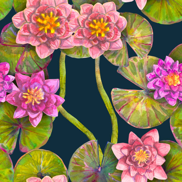 istock Water lilies. Pink lotuses. Watercolor hand drawn Seamless pattern. 2199101383