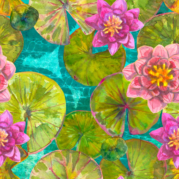 istock Water lilies. Pink lotuses. Watercolor hand drawn Seamless pattern. 2199102248