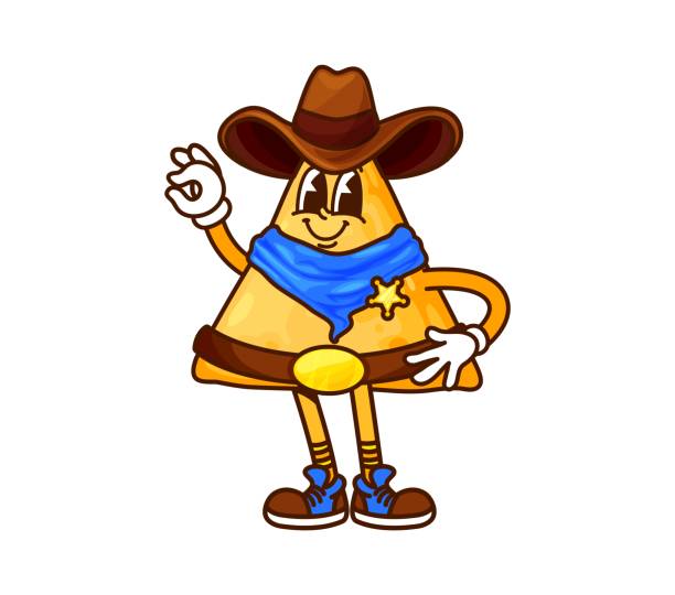 Cartoon groovy Mexican nachos chips cowboy character in sheriff hat with neck scarf, star badge, retro sneakers and leather belt, showing ok sign. Vector tex mex snack ranger y2k fast food personage