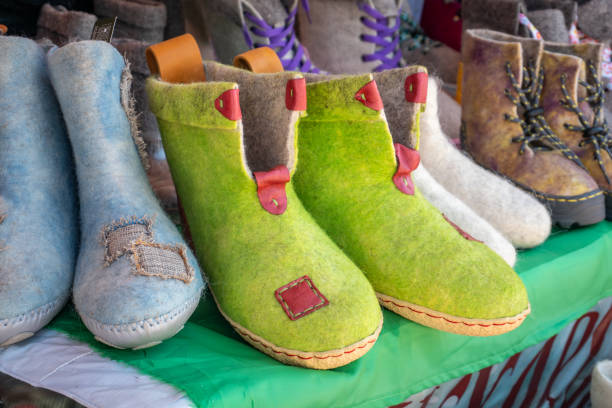 Felt shoes. Traditional Russian felt boots. Folk crafts of Russia.