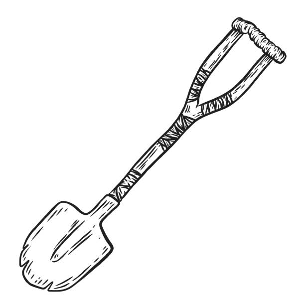 Shovel with spike on handle in hand draw sketch style. Creative art element for tattoo, print, game. Grunge monochrome concept design. Vector illustration.