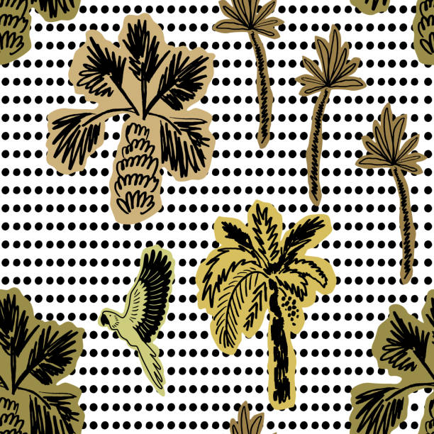 Tropical palm trees, parrot on the black polka dot background. Hand drawn geometric summer vacation seamless pattern. Vector jungle textile design, background, print. Cute cut out style of plants.