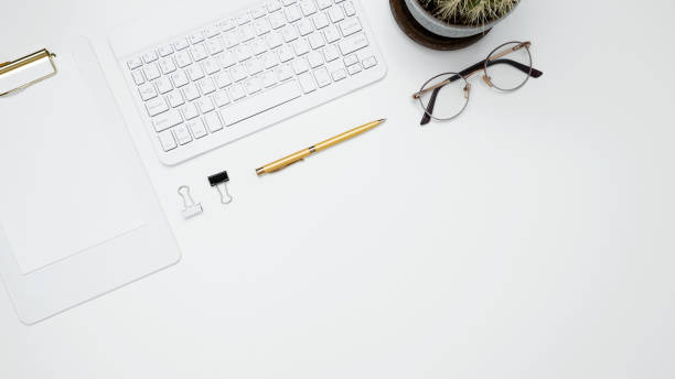 istock Flat lay composition with copy space. Office workspace and productivity concept. Mock up clipboard 2199110855