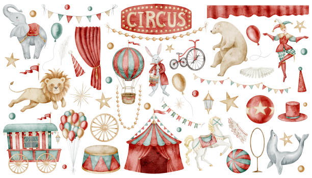 Set of watercolor illustrations with Circus tent, carnival animals and performers. Drawing of bear and lion for Baby shower greeting cards. Art of seal, elephants and balloons for nursery posters.