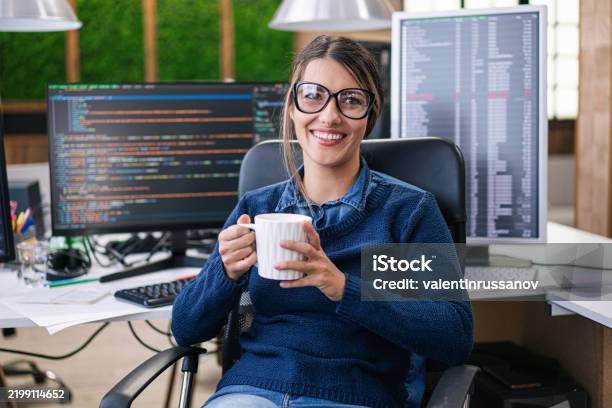 freelance coder programming server code algorithm on... Female Freelance Developer Coding And Programming Coding On Two With ...