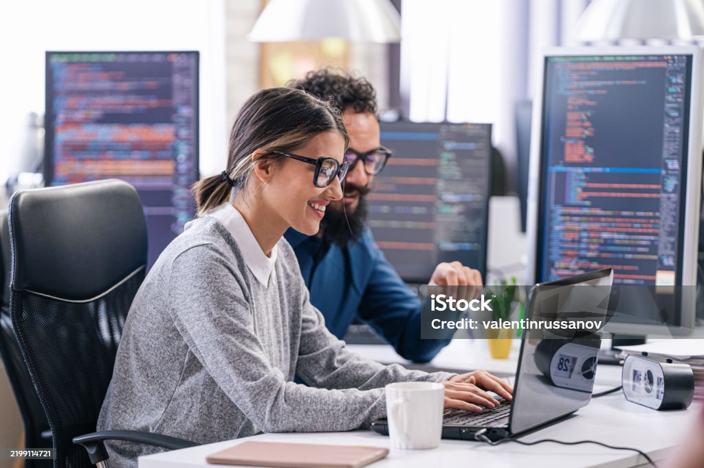 Couple Software Engineer Developer Use Computer Work On Program Coding ...