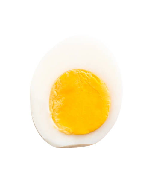istock Top view of single cooked or boiled egg with egg yolk in half isolated on white background with clipping path 2199116225