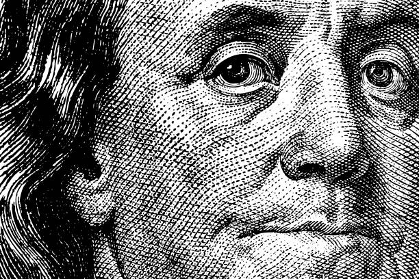istock Ben Franklin looking at you from a one hundred dollar bill for Illustration 100 background. 2199117271