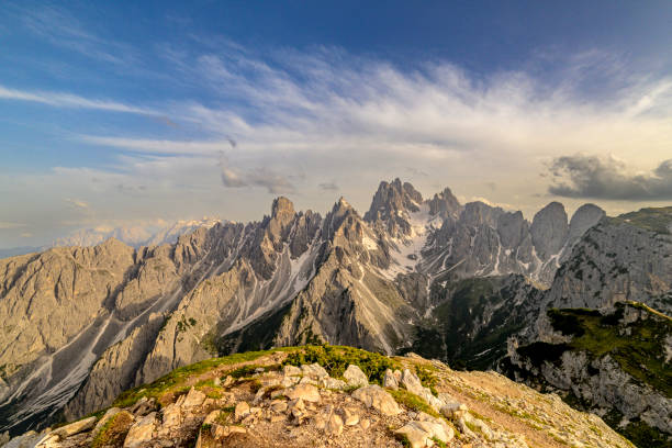 Cadini di Misurina mountain group landscape view in the Dolomites during springtime.
