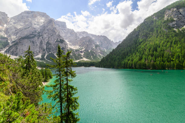 Pragser Wildsee or Lago di Braies in the Dolomites during a beautiful springtime day in the Italian Alps.