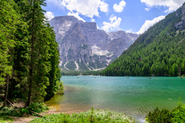 Pragser Wildsee or Lago di Braies in the Dolomites during a beautiful springtime day in the Italian Alps.
