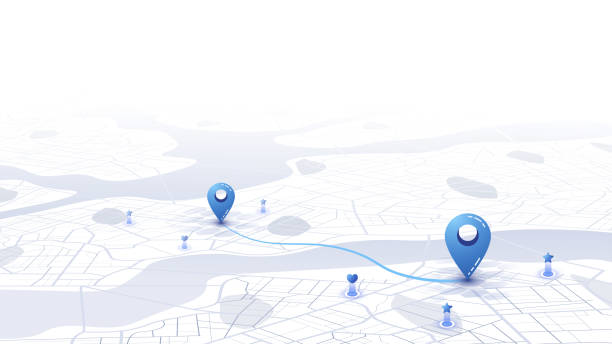 istock Minimalist 3D city map with GPS navigation route and destination pins. Abstract urban landscape blue tones, showing a planned travel path across river. Travel concepts. Vector illustration 2199119202