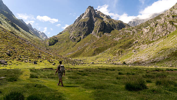 istock Man with backpack walks through a meadow towards the mountains 2199132822