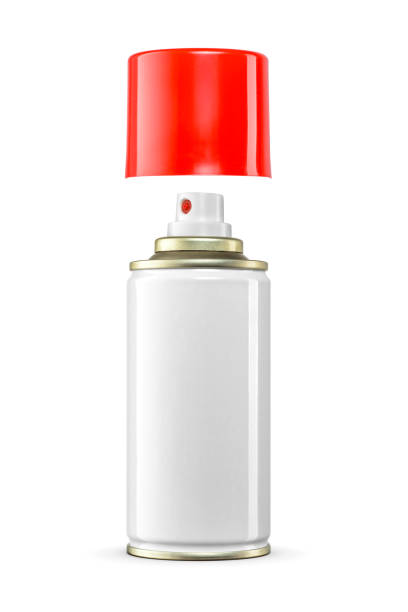A white, empty aerosol spray dispenser isolated on a white. The red cap is above the bottle,
