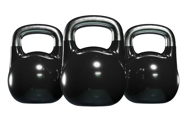 Set of different Olympic kettlebells, blank heavy cast iron powerlifting equipment, painted black, isolated on white background. 3D illustration