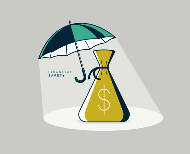 istock Umbrella with money bag vector conceptual poster, financial safety concept, simple icon style illustration of a parasol with moneybag, financial protection metaphor. 2199139218