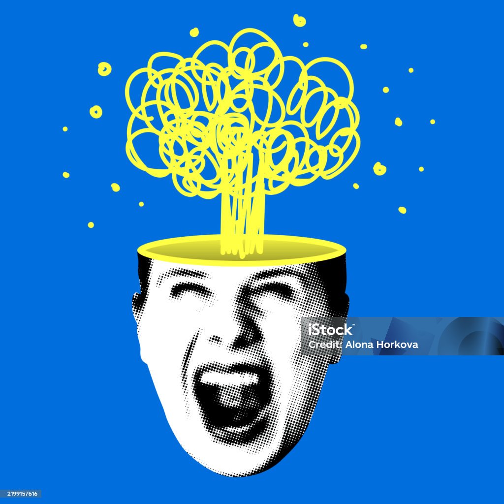 Exploding Brain Woman Mind Blown Woman Halftone Exploding Head Information Overload Concept ...