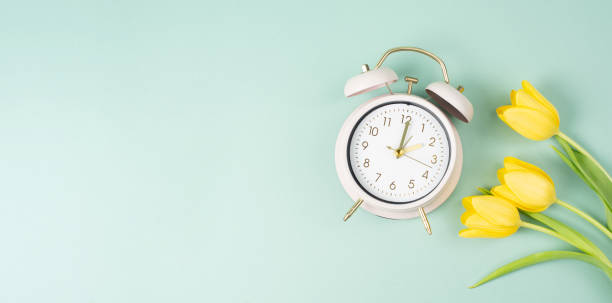 istock Alarm clock with yellow tulip flowers, switch to daylight saving time in spring, summer time changeover 2199169045