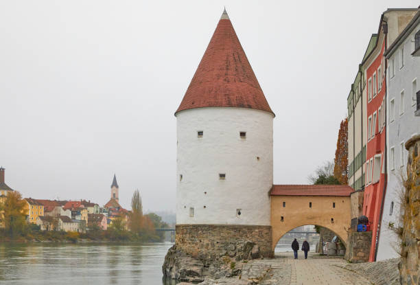 Danube river and the old town in Passau, St. Stephans dome and St. Paul church