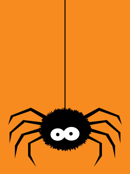Sppoky Dangling Spider On An Orange Background Vector illustration of a cute dangling spider against an orange background. spider stock illustrations