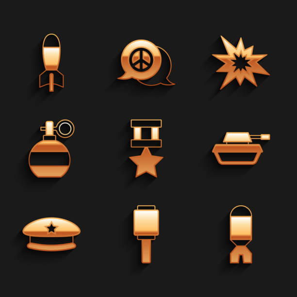 istock Set Military reward medal, Anti-tank hand grenade, Rocket launcher, beret, Hand, Bomb explosion and icon. Vector 2199229861