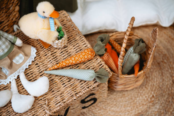 Soft toys and decorative items enhance cozy spring-themed decor