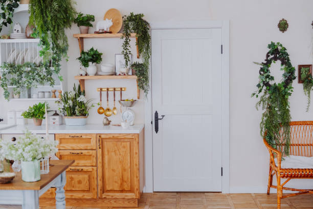 Cozy kitchen corner with plants and natural decor creating a serene atmosphere