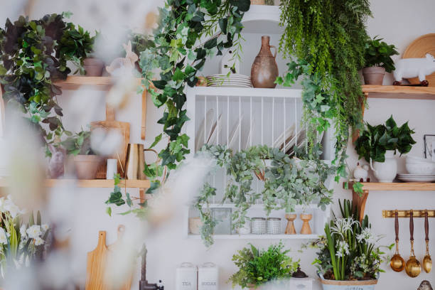istock Stylish kitchen decor with plants and wooden shelves in a bright setting 2199249629