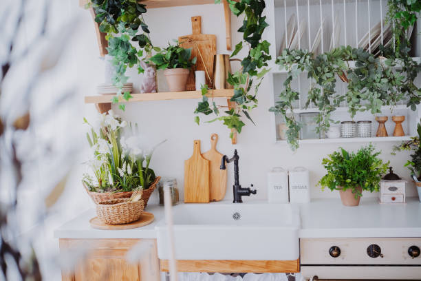 istock Stylish kitchen decor featuring greenery and wooden accents in a bright space 2199249641