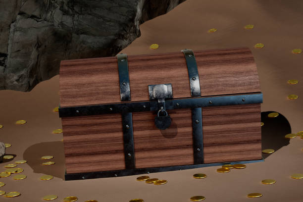 istock A wooden chest with a gold lock sits on a sandy beach 2199271962
