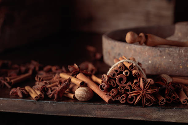 Cinnamon sticks, anise, and nutmeg on a old wooden table. Copy space.