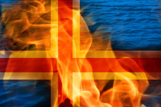 ire and destruction during Iceland's volcanic crisis, dramatic landscape with flames and lava. Iceland flag with flame and fire.