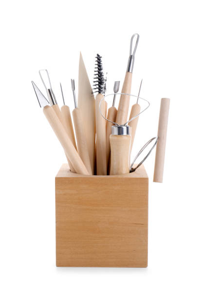 istock Set of different clay crafting tools in holder isolated on white 2199279252
