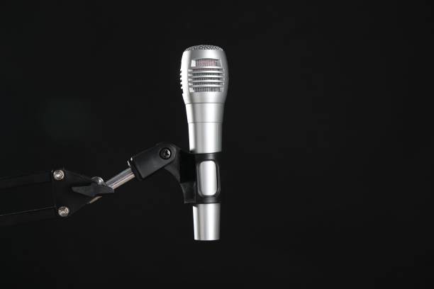 istock Stand with microphone on black background, space for text. Sound recording and reinforcement 2199279306