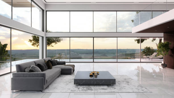 istock Contemporary Interior with Large Glass Windows and Sunset View 2199283564