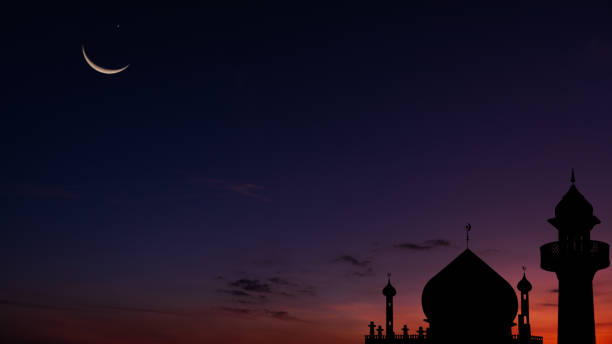 istock Mosques dome on dark blue twilight sky and Crescent Moon on backgrounds, symbol islamic religion Ramadan and free space for text arabic, Eid al-Adha, Eid al-fitr, Mubarak, Islamic new year Muharram 2199285527