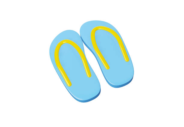 3D illustration blue and yellow flip flops isolated on white background. blue and yellow beach slippers. Sandals. 3D rendering.