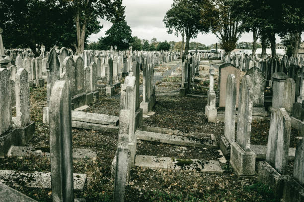 Dayton, Ohio USA March 19, 2025 Tombstones and monuments on the grounds of Woodland Cemetery and Arboretum.