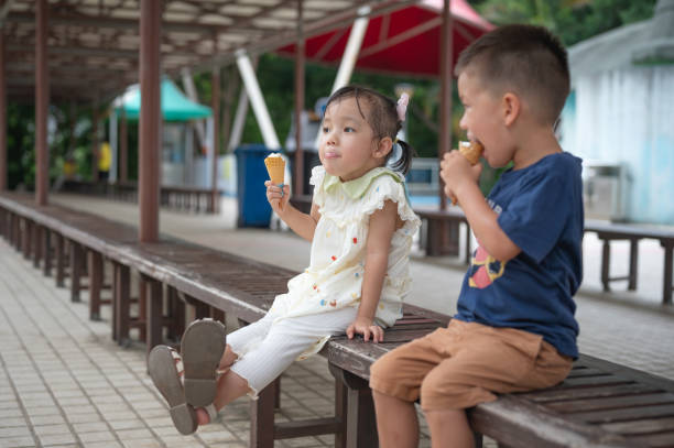 Playful Children Savoring Ice Cream in Park Two playful children enjoying their ice cream while sitting on a bench, showcasing the joyful essence of childhood, friendship, and outdoor fun in a park environment. asian little chinese girls eating ice cream stock pictures, royalty-free photos & images