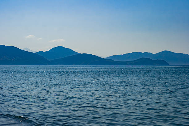 A view of mountains with forest meeting the sea on the coast. Wild beach seashore in daytime. Wild tourism