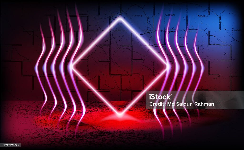 Neon Lights Program Neon Sign With A Diamond Shape And Wave Line On A Dark Brick Wall Neon ...