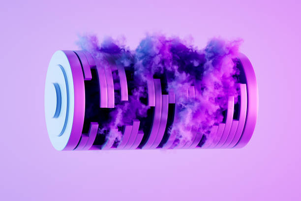 A digitally generated image featuring a sliced battery with smoke on neon lighting background, symbolizing energy efficiency, sustainability, and renewable power solutions. This design highlights the importance of energy conservation and sustainable innovation, making it ideal for green technology, eco-friendly power, and environmental themes.