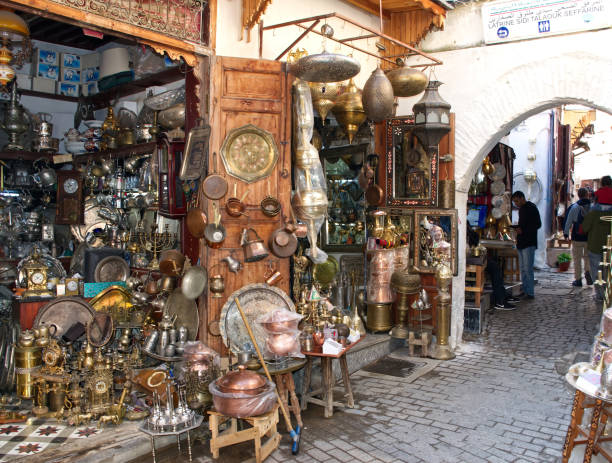 Fez - Morocco, Africa - February 17, 2024: Copper and Metalware Shop in a Moroccan Medina in Fez.